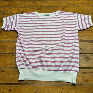 Casualcode Women's White Pink Striped Knit Top Short Sleeve‎ Crew Neck Casual